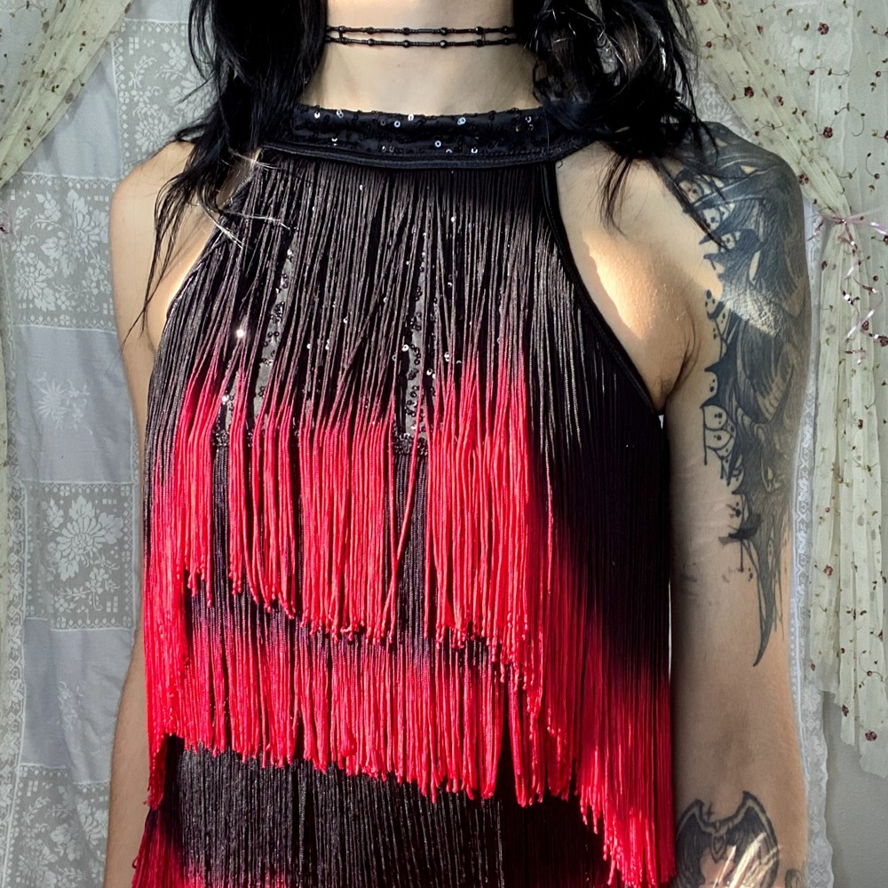 Red Black Ombre Fringe Flapper Dress Sequin Halter Gatsby Latin Dance Sz S/M - Picture 11 of 15